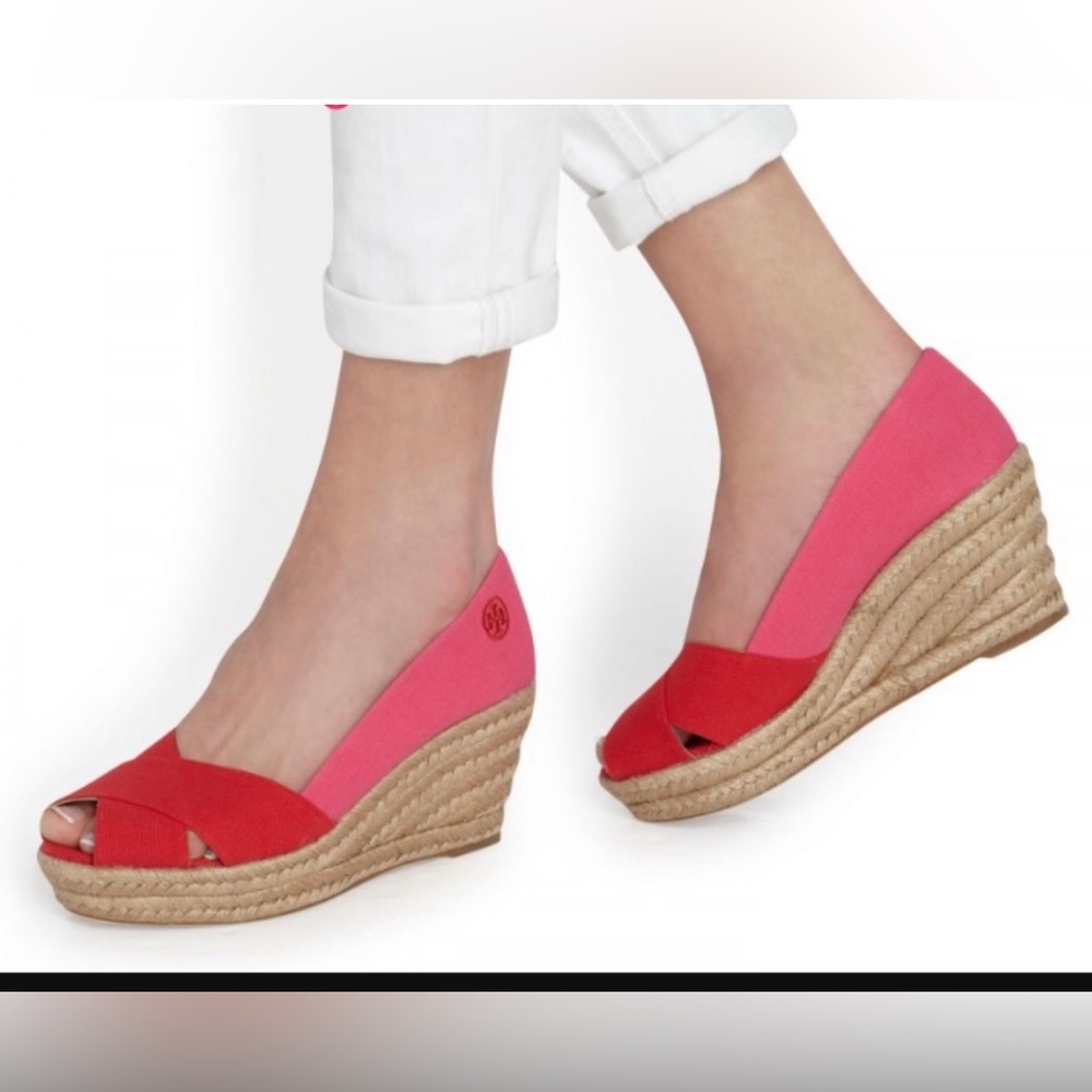 Tory Burch Filipa Wedge 2 Tone Red/Pink size 8.5 New